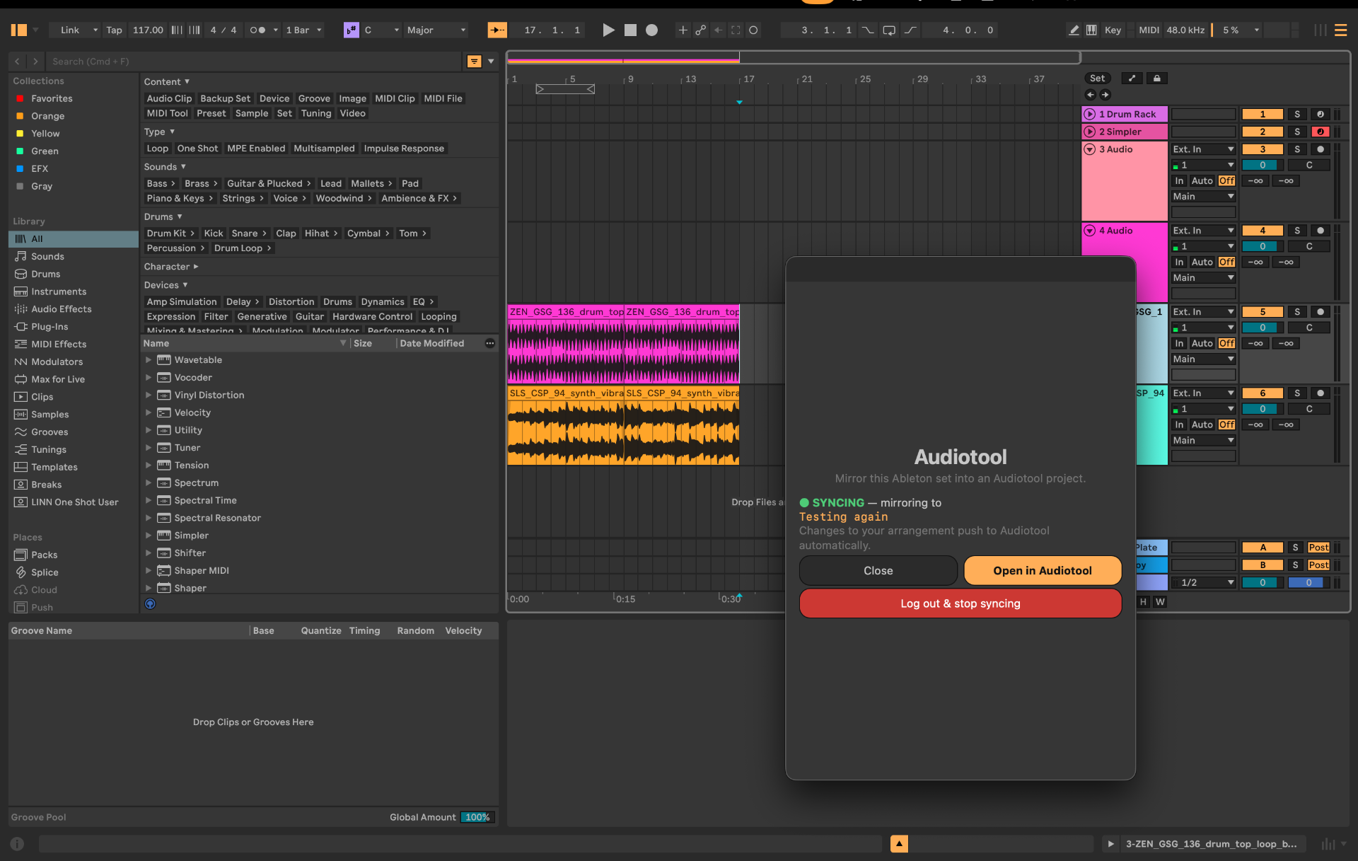 Ableton Live with Audiotool sync dialog