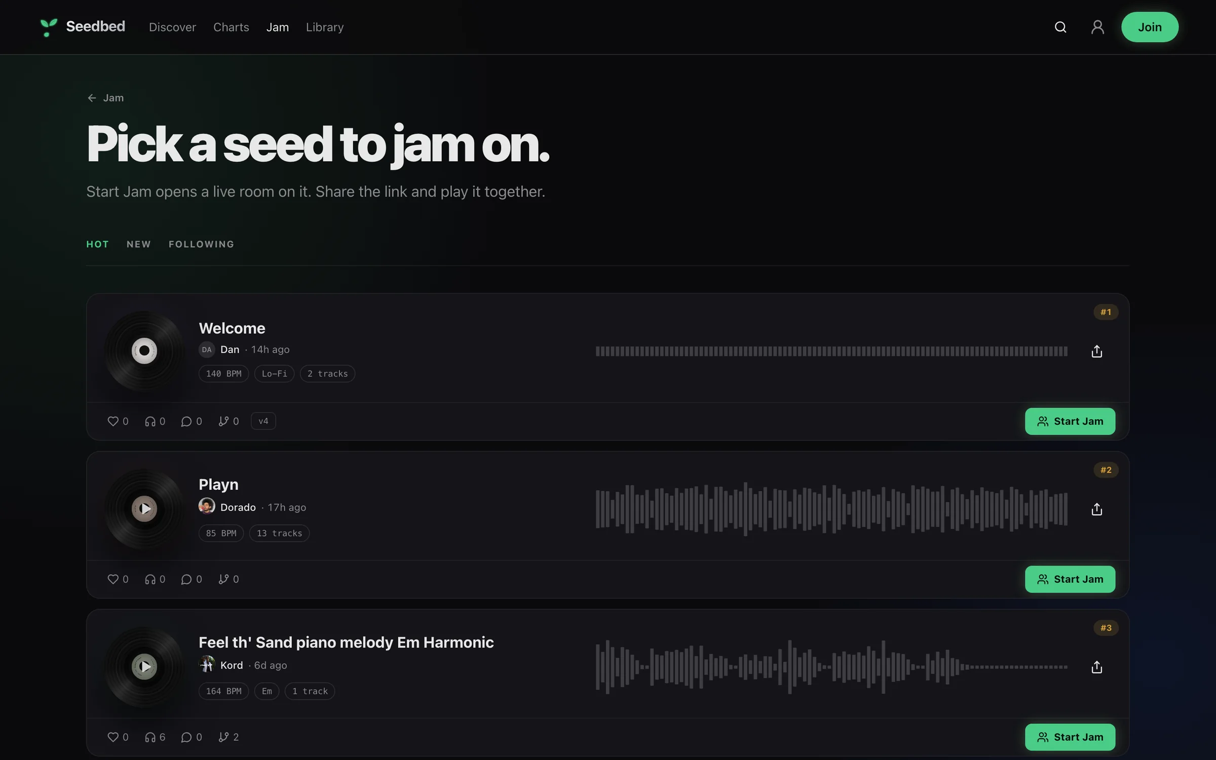 Starting a jam on a seed in the Seedbed browser studio