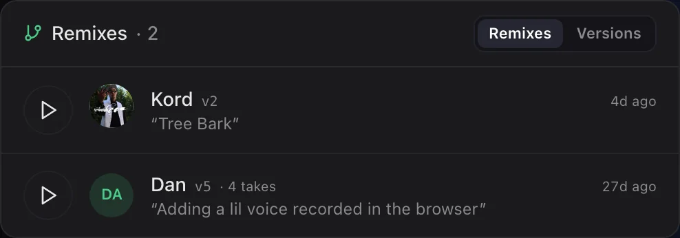 A seed's remixes on Seedbed, each credited to its producer
